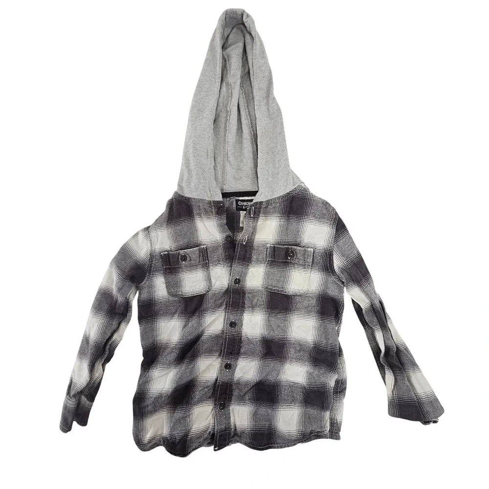 OshKosh Bgosh Boys Black White Plaid Hooded Flannel Shirt Size 8 OSH11774-AD